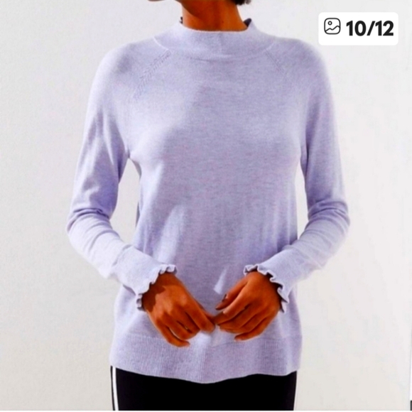 NEW Loft Mock Neck Sweater Heather Lilac Ruffle Cuffs Preppy Fall Winter Comfy - Picture 1 of 13